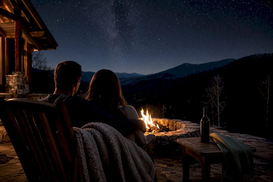 Couple stargazing beside a cabin fire pit