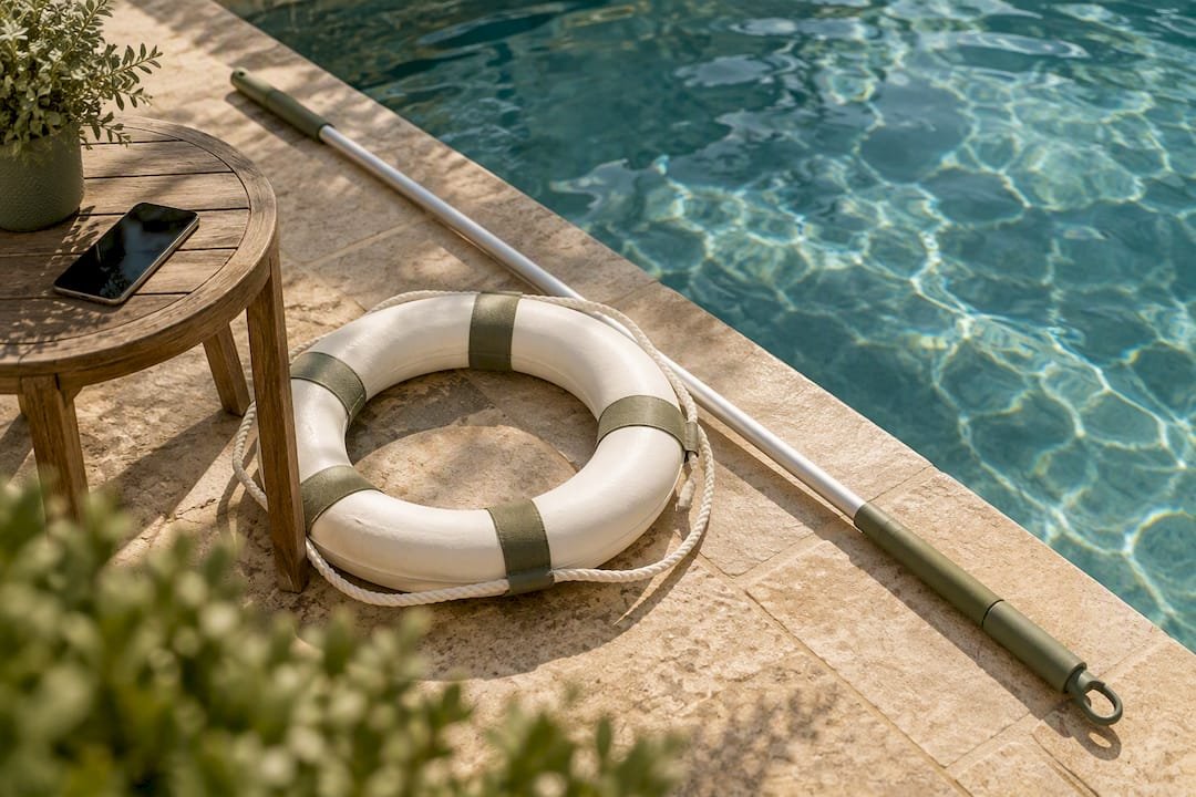 Pool rescue gear beside water