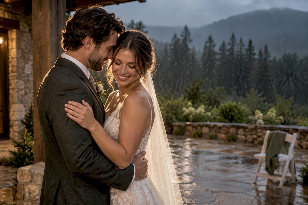 Couple illuminated against stormy wedding background