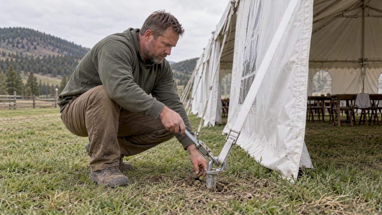 Installer checking anchored mountain wedding tent