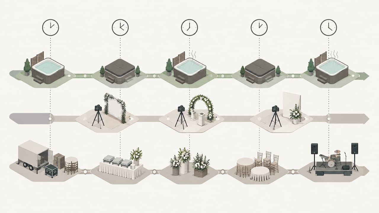 Illustrated wedding vendor and hot tub timeline
