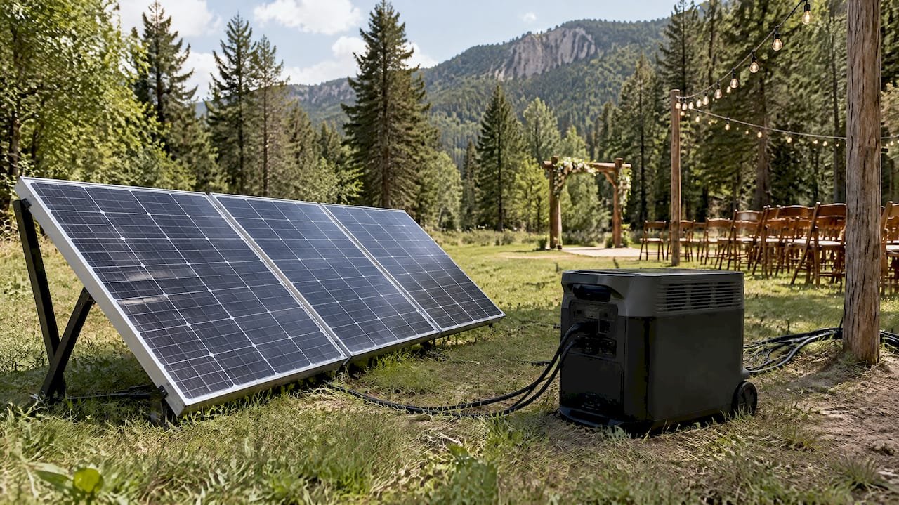 Portable solar array charging wedding battery station