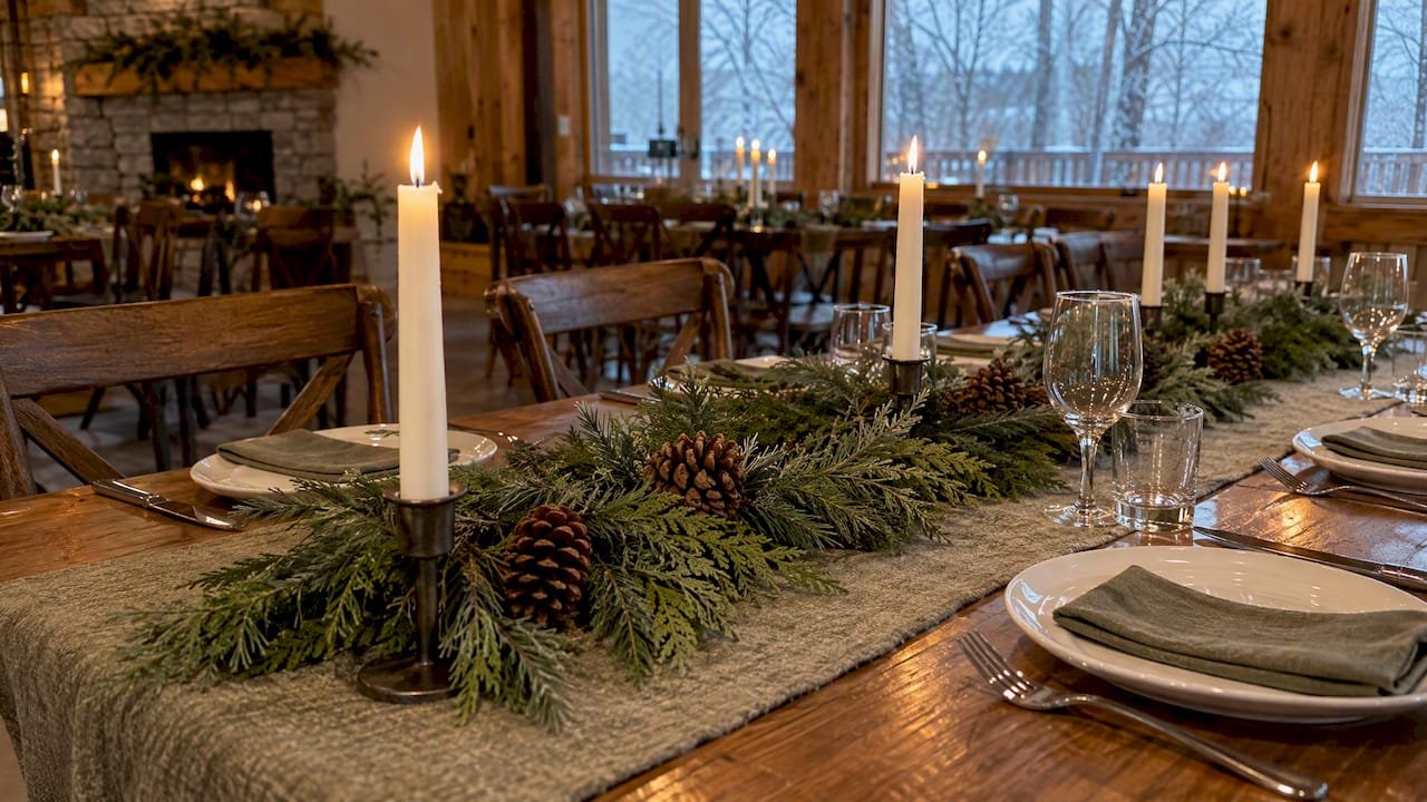 Pine garland and candlelight on a wool table runner