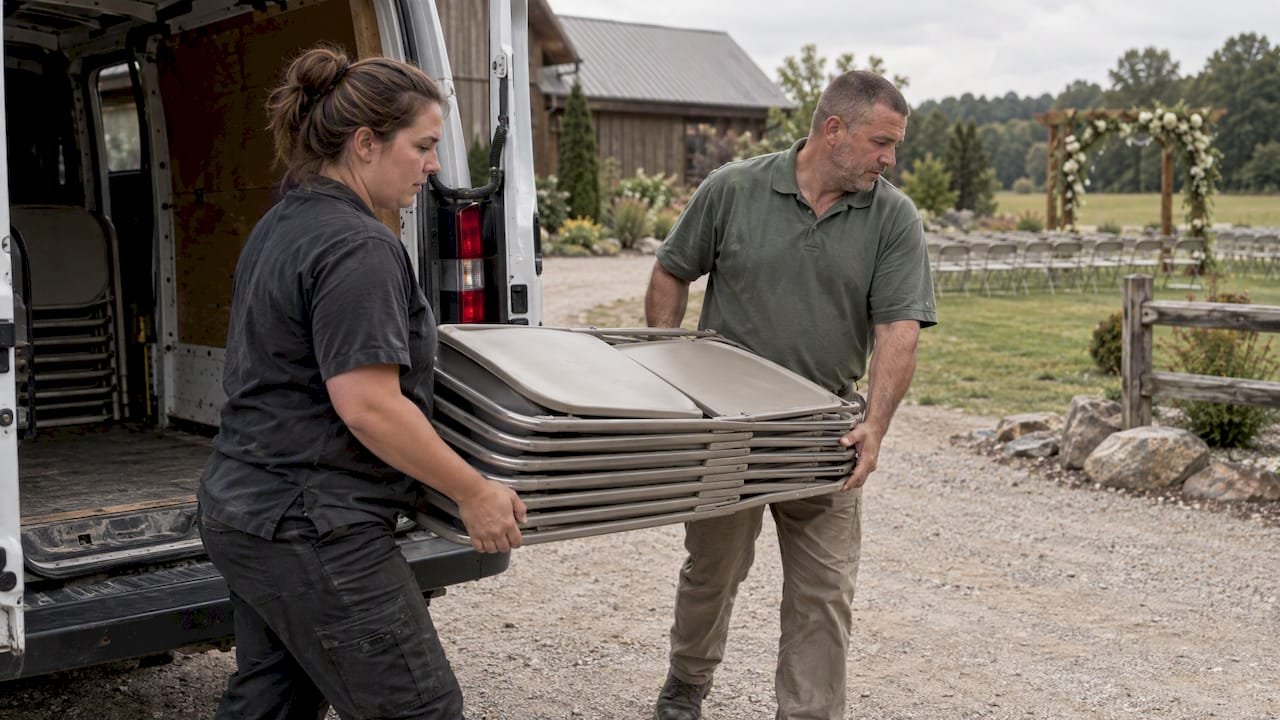 Rental crew carrying folded chairs toward ceremony grounds