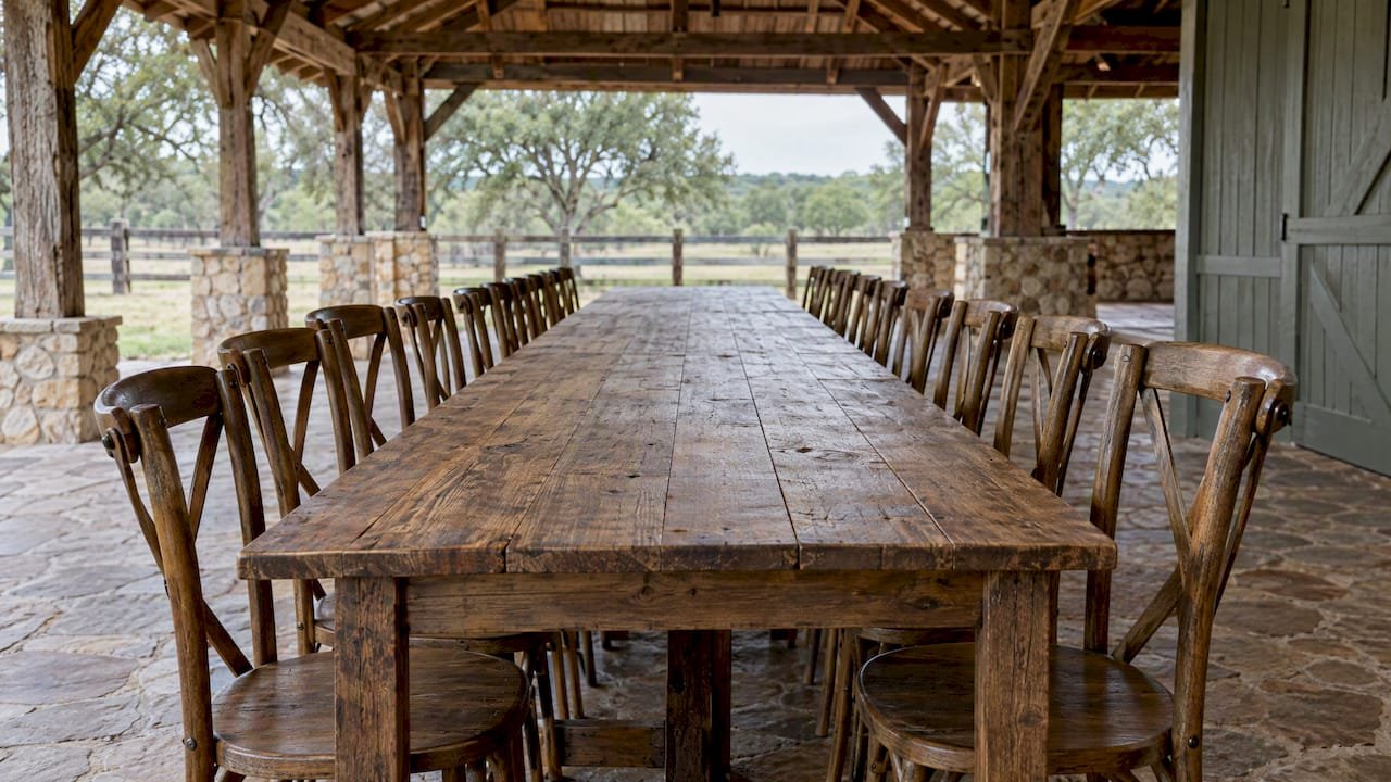 Long reception table with chairs on both sides