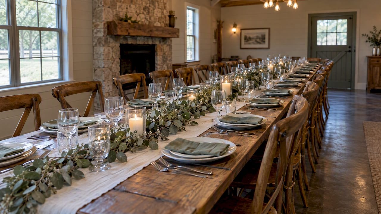 Long wedding table set for an intimate reception