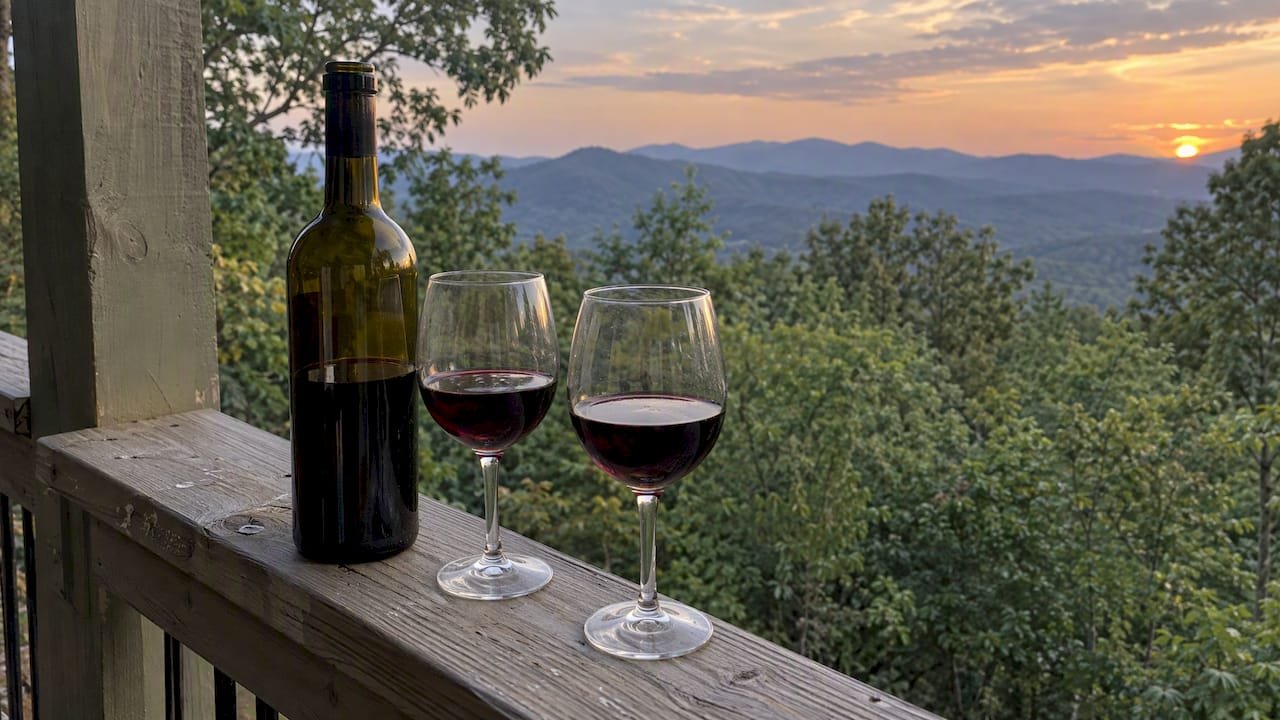 Wine glasses on a mountain ranch porch